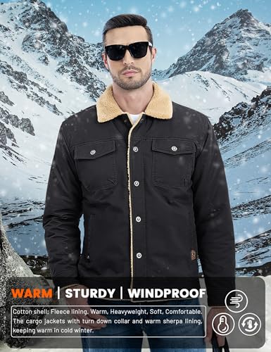 MAGCOMSEN Men's Winter Jacket Lined Sherpa Jacket Warm Trucker Coat Multi Pocket