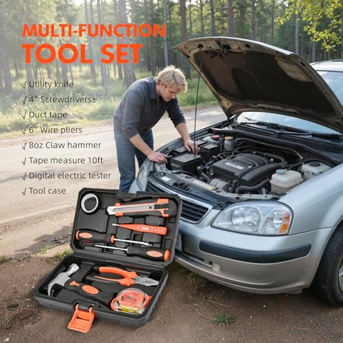 Car Emergency Kit with Portable Air Compressor, First Aid Kit, Jumper Cables, Roadside Safety Emergency Tool Kit for Wome...