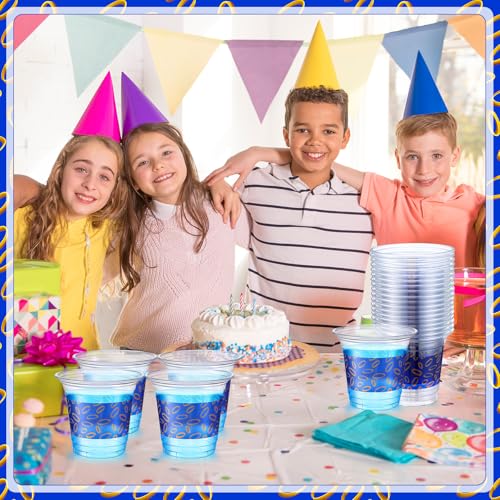 LemonRoad 100 Pcs Blue and Gold Rings Plastic Cup 12oz Clear Disposable Cartoon Cups Cold Beverage Drinking Container for ...