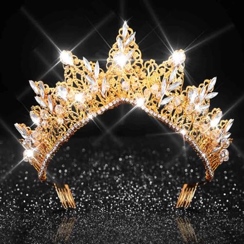Yean Gold Rhinestone Crown Greek God Crowns and Tiaras Golden Wedding Queen Crown for Women