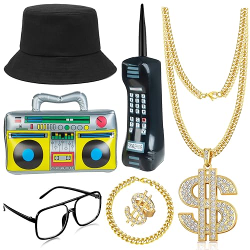 GIFIKOI 80s 90s Hip Hop Costume Outfit Kit Mobile Phone Inflatable Radio Box Necklace Bracelet Ring Glasses Hat Rapper Cos...