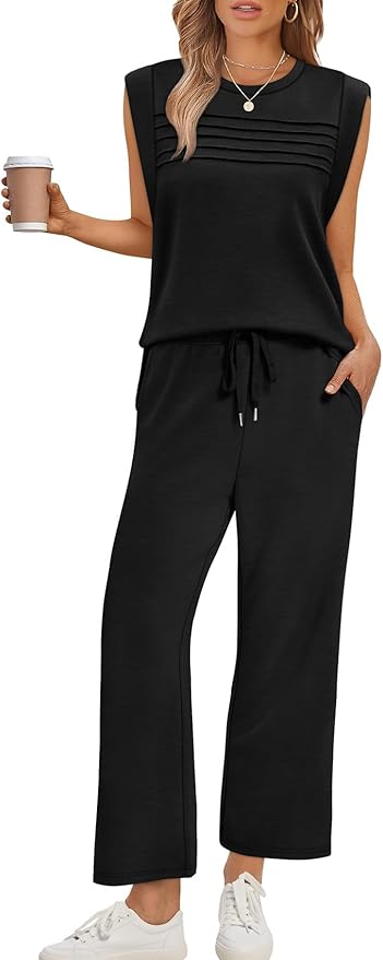 WIHOLL 2 Piece Sets for Women Summer Lounge Sets Travel Vacation Outfits Cap Sleeve Sweatsuit Side Slit Wide Leg Pants S-3XL
