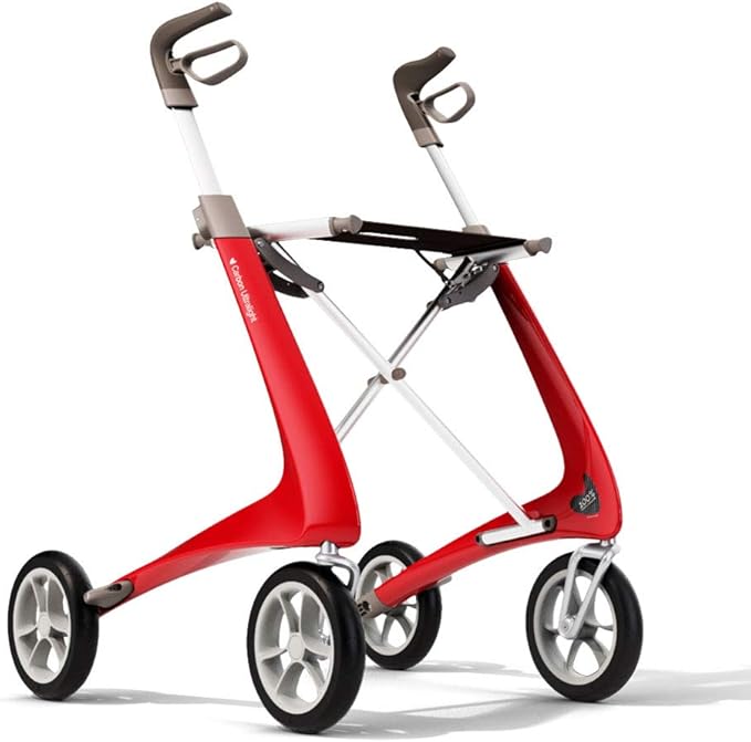 ByACRE Carbon Ultralight Rollator Walker With Organizer Bag, Wide Track, 18.5" x 24" Seat (W x H), Red