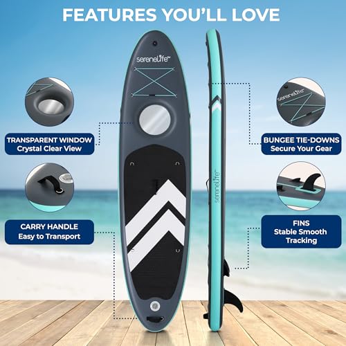 SereneLife 10’6” Inflatable Stand-Up Paddle Board with Window - 32” Wide Stable Design with Non-Slip EVA Deck Pad, Premium...
