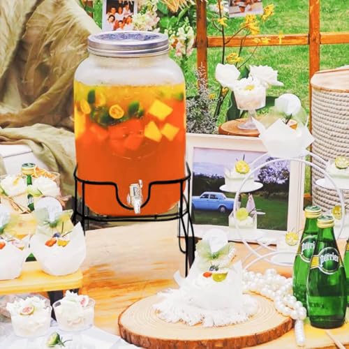 2 Gallon Drink Dispensers for Parties, Sun Tea Glass Jar for Outside 2 Press-Spigots(Easy for Kids) Juice Dispensers for P...
