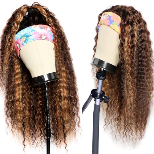 Headband Wig Human Hair Deep Wave 4/27 Human Hair Headband wigs for women Glueless None Lace Front Wig Machine Made 150% Density headband wig human hair with Headbands (22Inch)