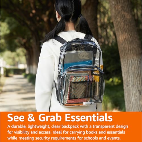 Amazon Basics Transparent School Backpack, With Water-Resistant PVC Plastic Material and Ruggedly Reinforced Shoulder Stra...