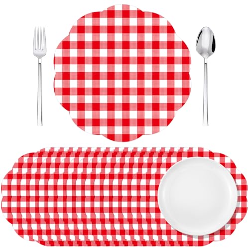Tinlade 80 Pcs Red Gingham Paper Placemats Spring Summer Buffalo Plaid Disposable Scalloped Place Mats 13 Inch Red and Whi...