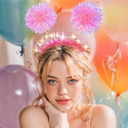 Uranian Light Up Happy Birthday Headbands Led Glitter Pompom Hairbands Glow Birthday Party Hair Accessories for Women
