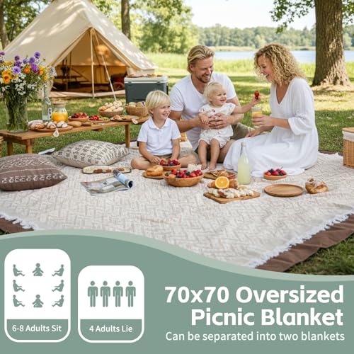 RYCHIC 2 in 1 Extra Large Outdoor Picnic Blanket Camping Mat Lightweight Oversized Giant Turkish Boho Beach Mexican Serape...