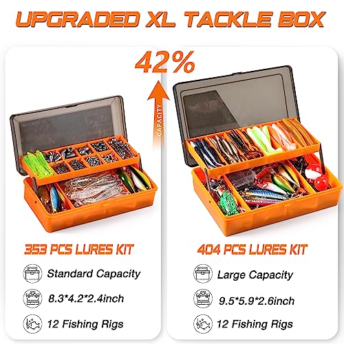 PLUSINNO 353/404 PCS Fishing Lures, Upgrade Fishing Tackle Box with Tackle Included, Crankbaits, Hooks, Weights, Other Acc...