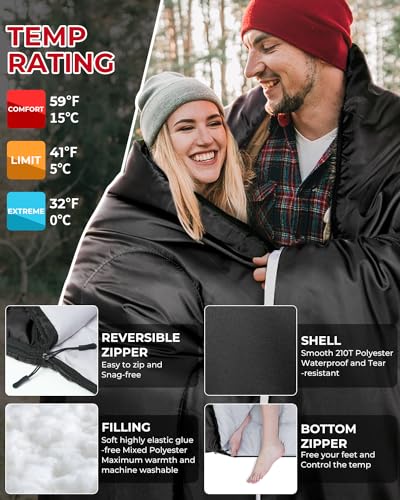 Ohuhu Double Sleeping Bag: Queen Size 2 Person 3 Season for Warm & Cold Weather Camping Sleeping Bag with 2 Pillows, Large...