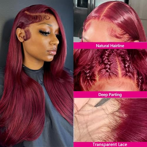 26 Inch 99j Burgundy Lace Front Wigs Human Hair Pre Plucked 13x4 Straight Lace Frontal Wigs Human Hair Win Red Colored Wigs for Black Women Straight Wigs Human Hair Natural Hairline