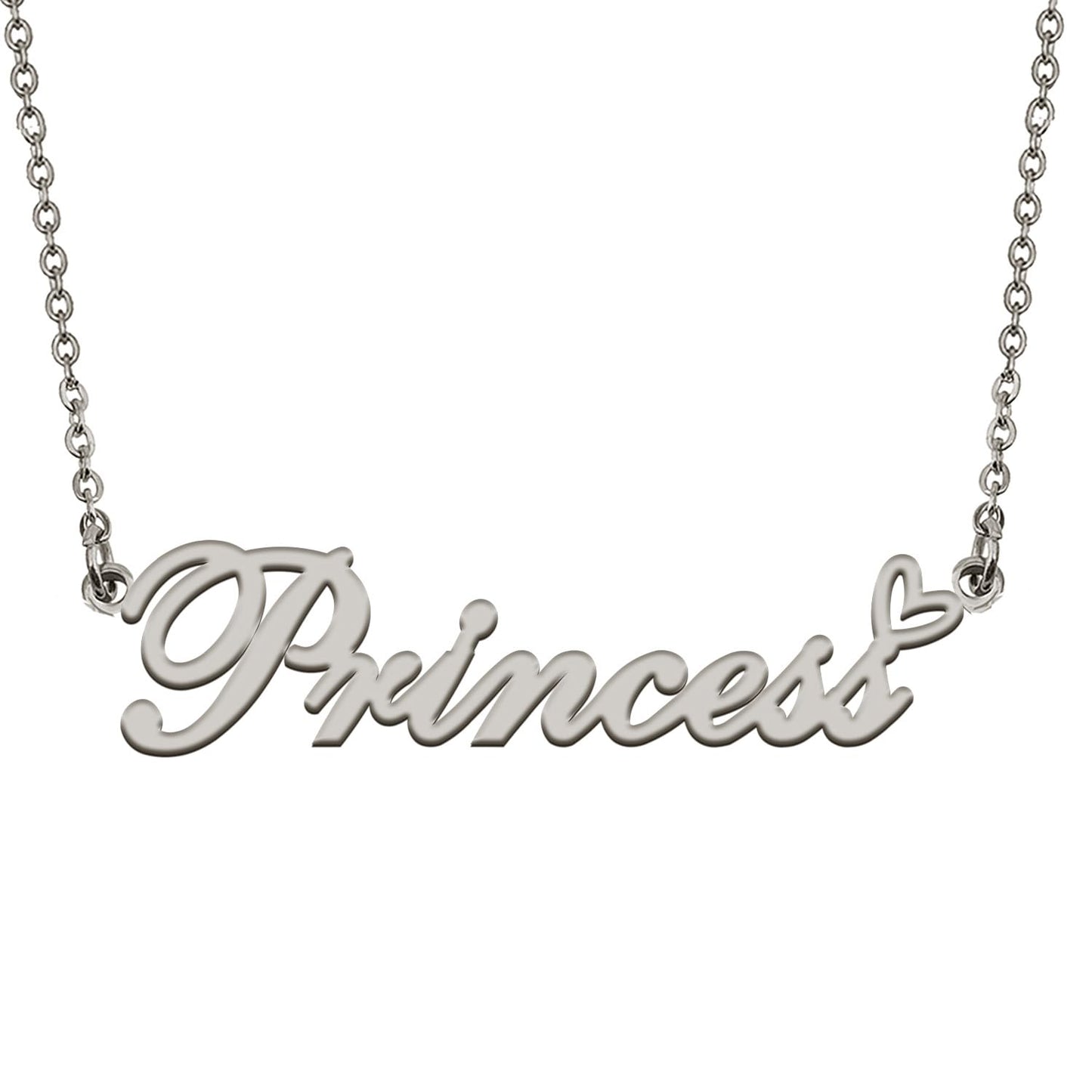 HUAN XUN Princess Name Necklace with Heart Silver Stainless Steel Initial Pendant Gifts Custom Name Necklaces for Women