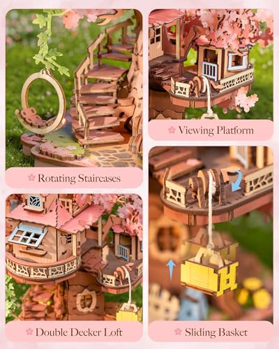 Rolife DIY Miniature House Kits Sakura Tree House 12" 3D Wooden Puzzles for Adults, Japanese Cherry Blossom Model Building...