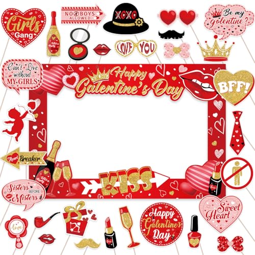 31pcs Galentines Day Decorations Party Photo Booth Props with Frame,Happy Galentines Day Party Decorations Galentines Back...