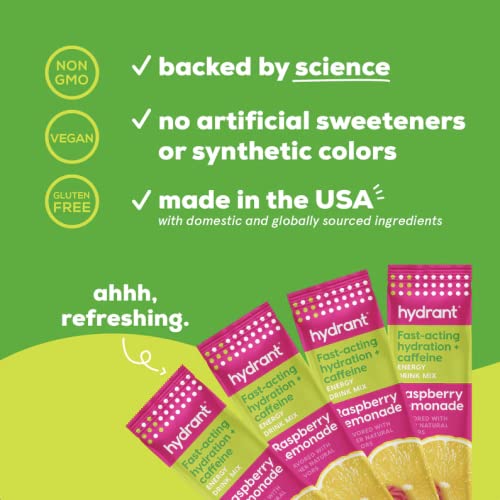 Hydrant - Energy Electrolyte Powder, Raspberry Lemonade Flavor, 30 Caffeine & L-Theanine Energy Hydration Stick Packs - Lo...
