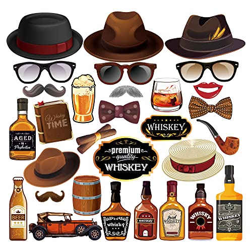 Qpout 30pcs Whiskey Party Photo Booth Props with Sticks, Oktoberfest Photo Booth Props, Men Women Holiday Whiskey Beer Bar...