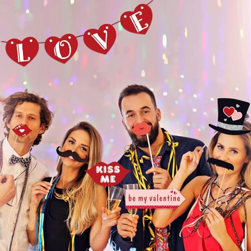 38pcs Valentines Day Party Photo Booth Props, Selfie Frame with Valentines Day Party Photo Props Backdrop Decorations Supp...