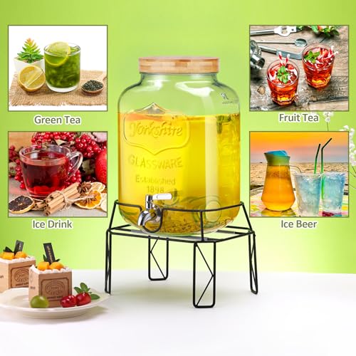 2 Gallon Drink Dispensers with Stand, Glass Beverage Dispenser with Stainless Steel Spigot and Bamboo Lid,Lemonade Dispens...