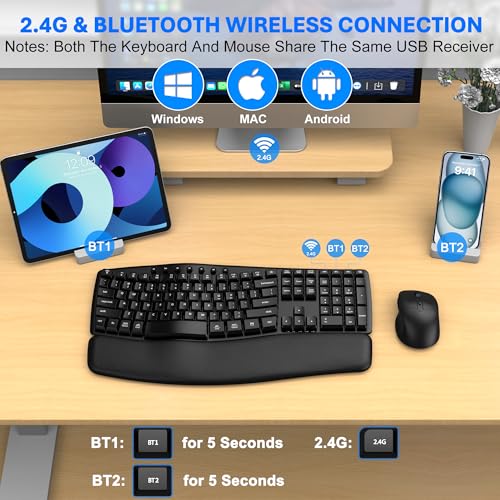 Ergonomic Wireless Keyboard Mouse Combo, EDJO Bluetooth/2.4G Dual-Mode Connection, Soft Foam Wrist Rest, Silent Typing, Wa...