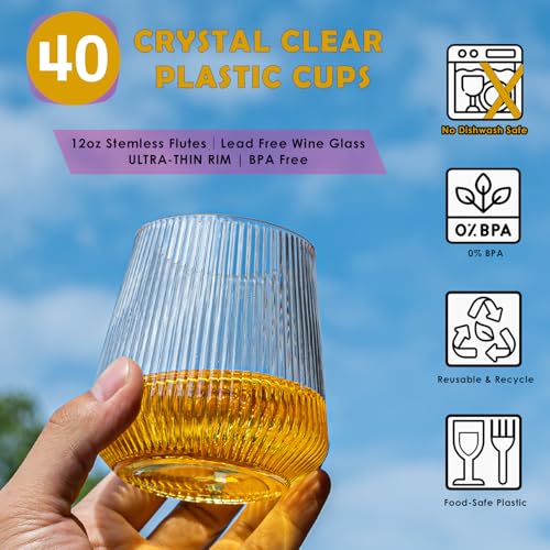 40-Pack Plastic Wine Glasses Disposable | Ribbed 12oz Premium Unbreakable Solo Cups Crystal-clear Reusable Whiskey Glasses...