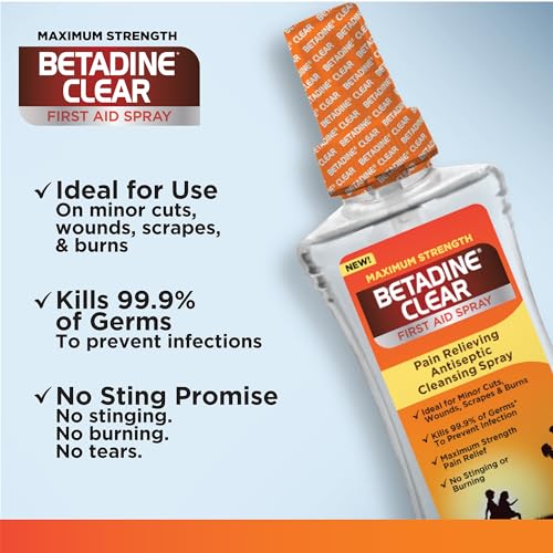 Betadine Clear First Aid Spray, Max Strength Pain Relieving Antiseptic Cleansing Spray, No Stinging, Kills 99.9% of Germ...