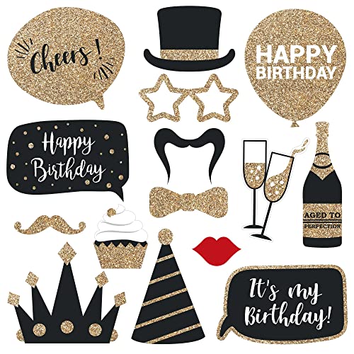 Fully Assembled Birthday Photo Booth Props. 30 Piece Box Set of Black & Gold Selfie Party Supplies and Decorations Kit wit...