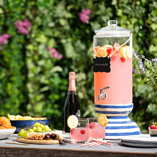 2 Gallon Beverage Dispenser with Stainless Steel Spigot + Marker & Chalkboard 100% Leakproof Glass Drink Dispenser for Par...
