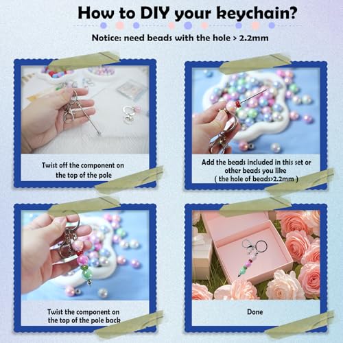 LEIOSAGN 180pcs Silver DIY Beadable Keychains Making Kit with 120pcs 16mm Acrylic Beads and Spacer Beads, 20 Blank Beadabl...