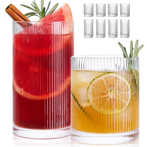 LUNA & MANTHA Ribbed Glasses Drinking Set of 8-17oz Large Capacity Highball Glasses, 12oz Rocks Glass Cups, Vintage Cockta...