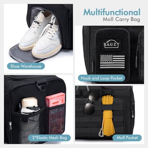 BAGZY 3 In 1 Tactical Military Travel Duffle Bag 40L with Shoe Compartment Gym Bag Backpack for Fitness Weekender Deployme...