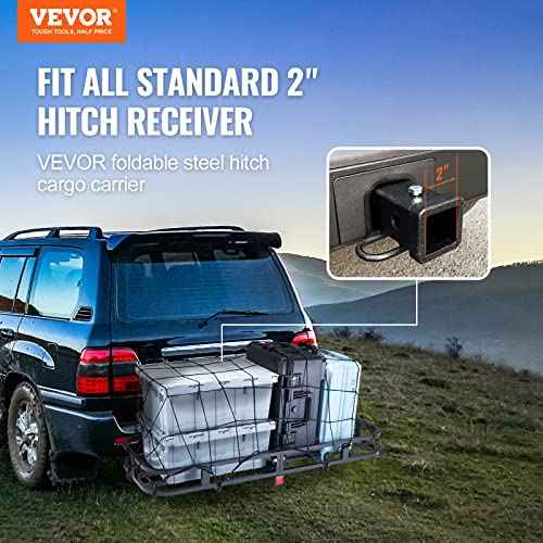 VEVOR 53 x 19 5 in Hitch Cargo Carrier, 500lb Capacity Trailer Mount Basket, Steel Luggage Carrier Rack Fits 2'' Receiver for SUV Truck Pickup with Net, Stabilizer, Straps, Black