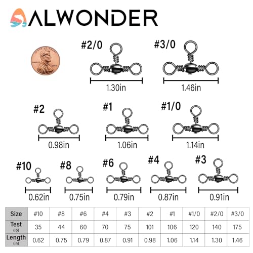 Alwonder 50-Pack 3 Way Swivels Fishing Tackle High Strength Stainless Steel Barrel Swivels 35-175LB Three Way Swivel for S...
