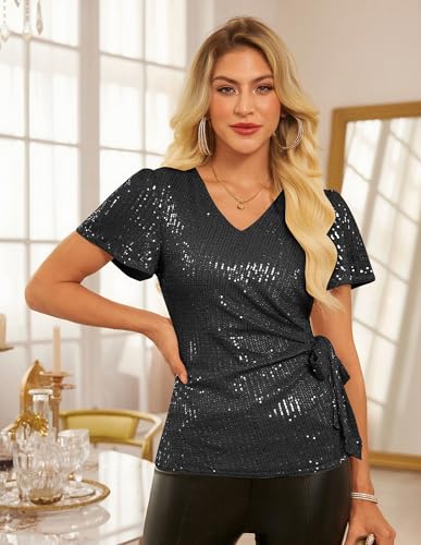 GRACE KARIN Womens Sequin Tops 2025 Ruffle Sleeve Sparkly Shirt, Glitter Party Blouses Dressy Concert Disco Outfits