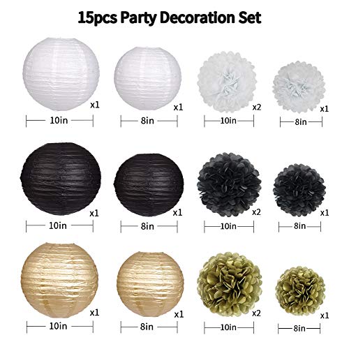 zilue Black Gold Party Decorations, Black Gold Paper Lanterns and Pom Poms Flowers for Birthday Graduation Masquerade New ...