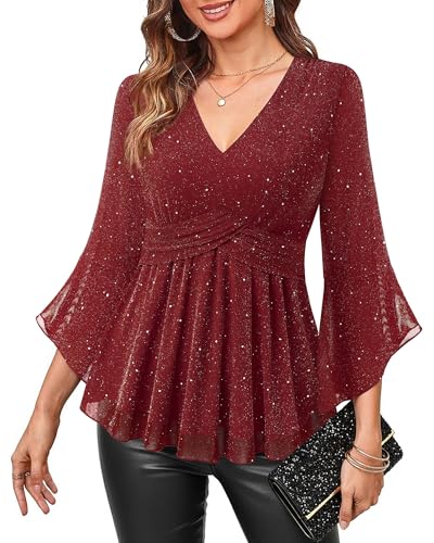 VALOLIA Womens Sparky Tops 3/4 Sleeve Glitter Sequin Shiny Dressy Blouses V Neck Party Evening Cocktail Shirts