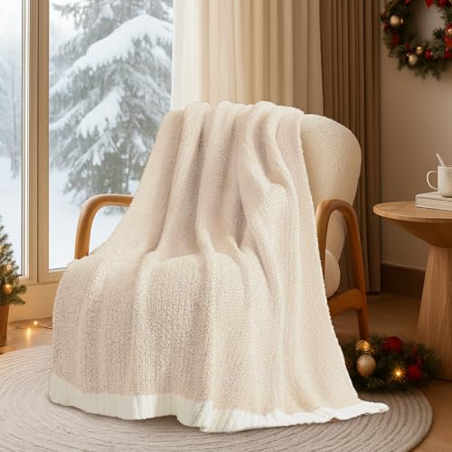 Snuggle Sac Buttery Ivory Throw Blanket for Couch, Reversible Super Soft Knitted Blankets, Warm Cozy Knit Fuzzy Plush Ligh...