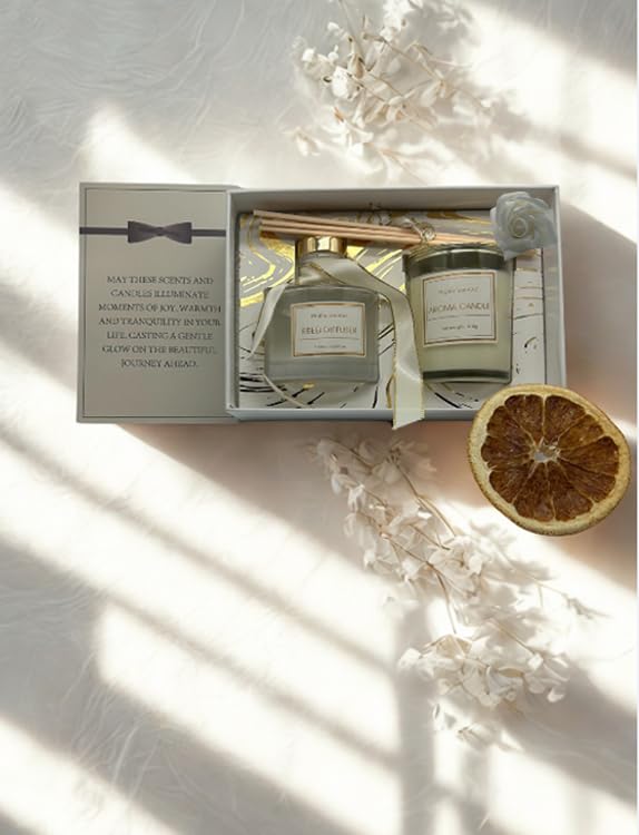 Luxury Aroma Gift Set Candle Reed Diffuser Includes Artificial Rose, Dried Orange Slice, Greeting Card Gift Wedding, Engagement, Anniversary, Birthday
