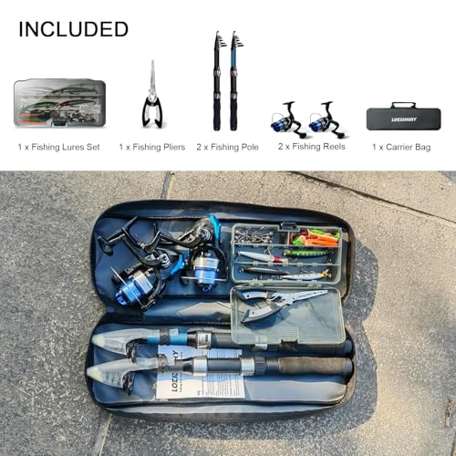 LOEIBMIRY 2 Pack 2.1m/6.89ft Telescopic Spinning Fishing Rod Reel Combos with Carrier Bag, Lures, Pliers for Saltwater Fre...