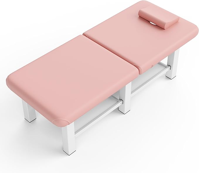 Folding Stationary Massage Table with Backrest and Storage Space, 6 Square Legs Metal Frame PU Leather, 30.5'' Wide × 75'' Long for Treatment Table Physical Therapy Table Spa Facial Bed, Pink