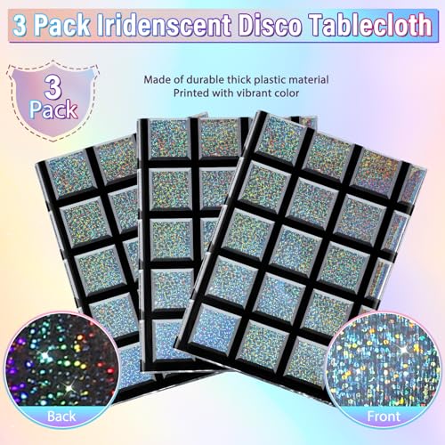 FunnyPars 3 Pack Disco Tablecloth Party Decorations, Shiny Iridescent Disposable Laser Rectangle Table Covers, Silver Plas...