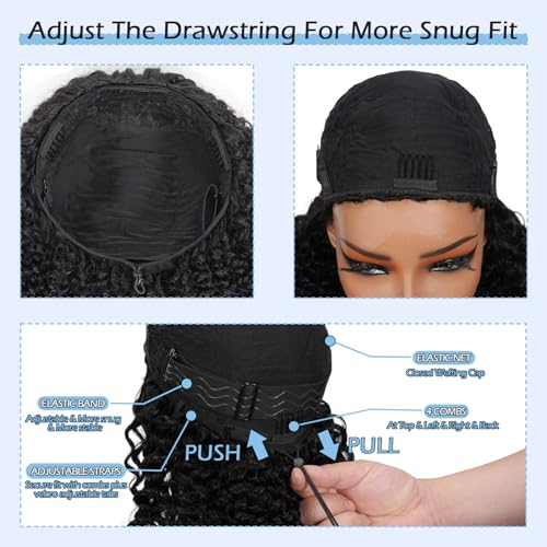 Glueless Half Wigs Human Hair Kinky-Curly Headband Wig Upgrade 3 In 1 Half Wig with Drawstring Seamless Clip Ins Flip Over 200 Density Curly Human Hair Wig For Black Women 22 Inch