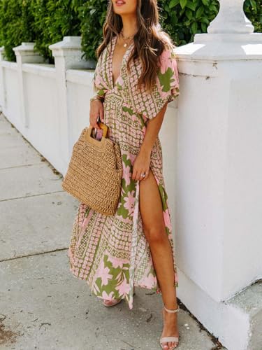 Quatrefox Womens V Neck Flutter Sleeve Boho Midi Dress Summer Wedding Guest Beach Party Long Dresses