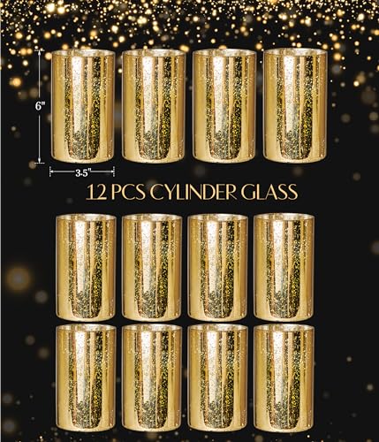 Willceka Gold Cylinder Vases for Centerpieces, Modern Glass Vase Set of 12 Decorative Hurricane Candle Holder for Pillar C...