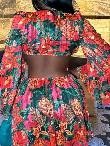 BEAUDRM Women's Sexy Summer Tropical Mini Dress Y2K Deep V Cut Out Dresses Long Bell Sleeve Vacation Tie Front Sundress