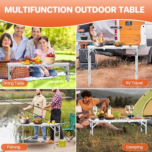 FUNYKICH 3ft Folding Camping Table with 3 Adjustable Height, 34.2'' Lx15.7'' W Portable Picnic Tables, Lightweight Aluminu...
