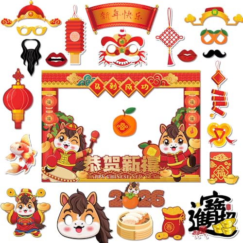 2026 Chinese New Year Photo Booth Prop Stand, 25 Pcs Lunar New Year Spring Festival Sets, Horse Year Party Decorations for...
