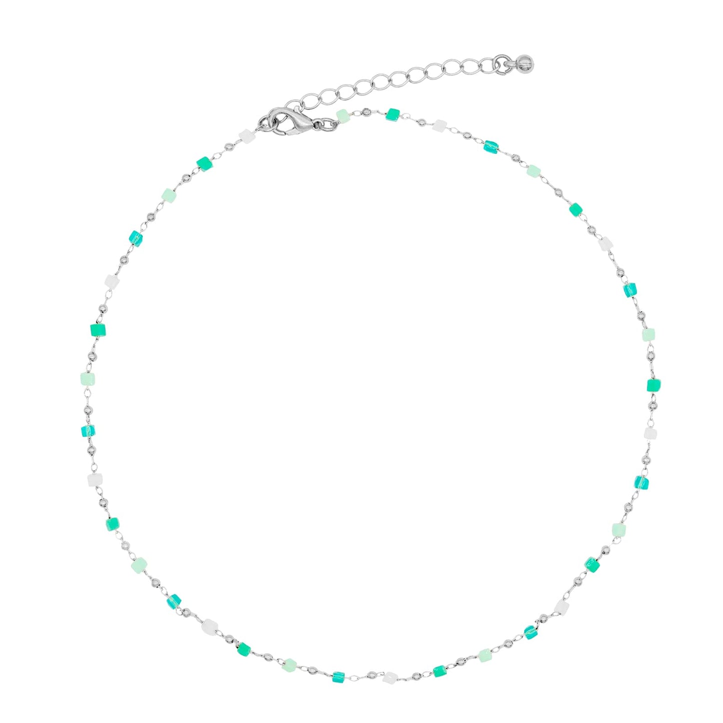 FUTIMELY Bohemia Green Beaded Beads Choker Necklace for Women,Simple Fresh Silver Beaded Square Round Bead Choker Necklace Fashi