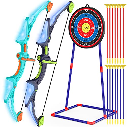Kmuxilal 2 Pack Kids Bow and Arrow Set with LED Flash Lights, 14 Suction Cup Arrows and Fluorescence Standing Target-Perfe...